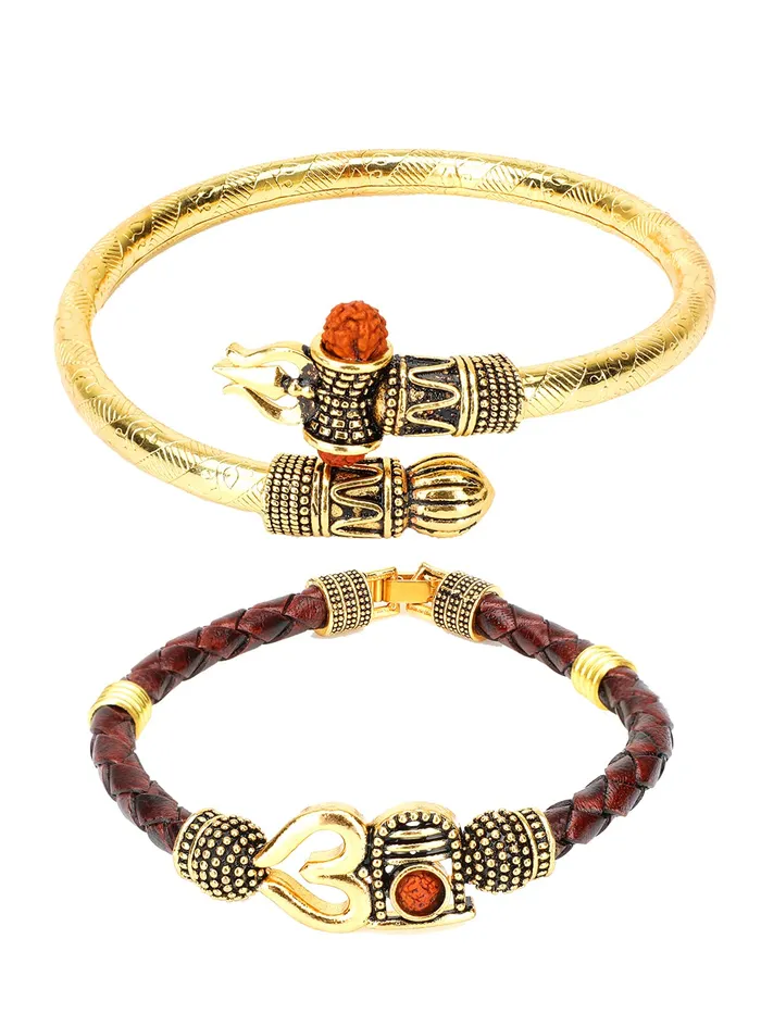 Earrings Yellow Chimes Yellow Chimes Combo of Two Oxidized Gold Shiva Trishul Rudraksha Damroo Kada Bracelet Bangle for Men and Boys