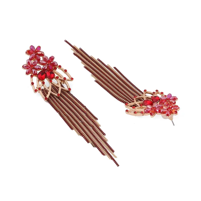 Earrings Yellow Chimes Yellow Chimes Crystal Danglers Earrings for Women Floral Shaped Crystal Red Long Chain Dangler Earrings for Women and Girls
