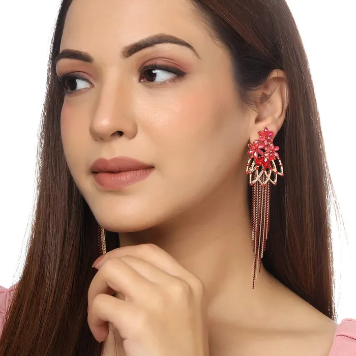 Earrings Yellow Chimes Yellow Chimes Crystal Danglers Earrings for Women Floral Shaped Crystal Red Long Chain Dangler Earrings for Women and Girls