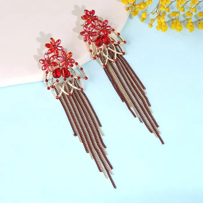 Earrings Yellow Chimes Yellow Chimes Crystal Danglers Earrings for Women Floral Shaped Crystal Red Long Chain Dangler Earrings for Women and Girls