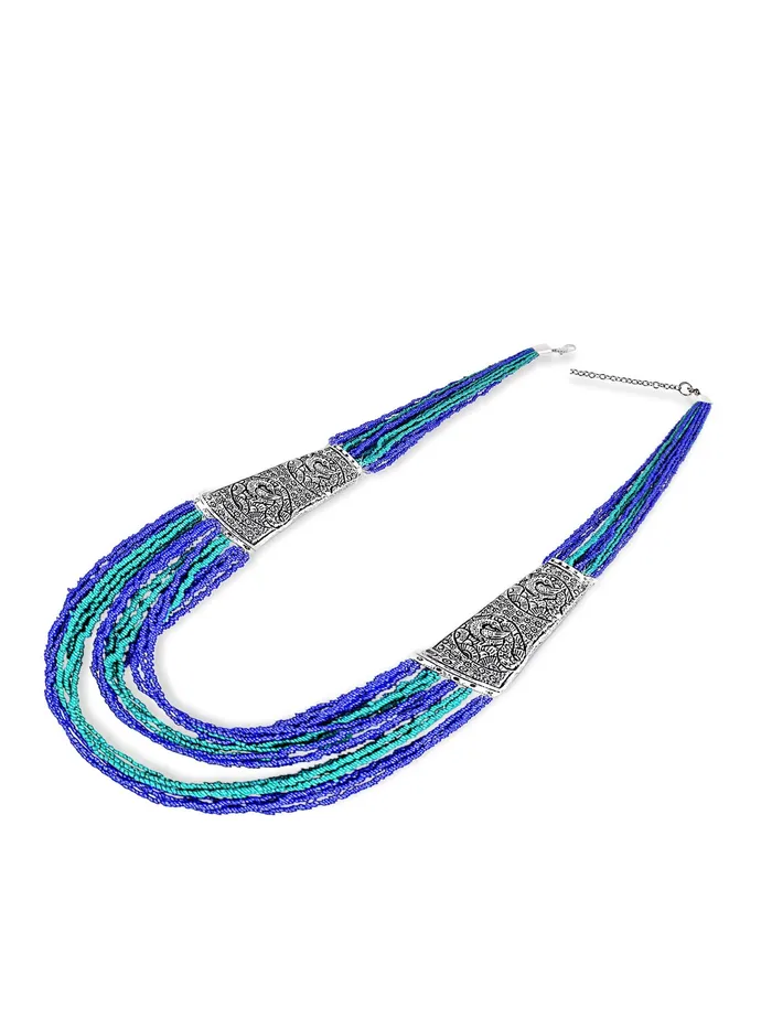 Earrings Yellow Chimes Yellow Chimes Designer Artistic Handmade Afghani Tibetan Style German Silver Oxidized Mulit Layer Beads Long Necklace Women and Girls Blue
