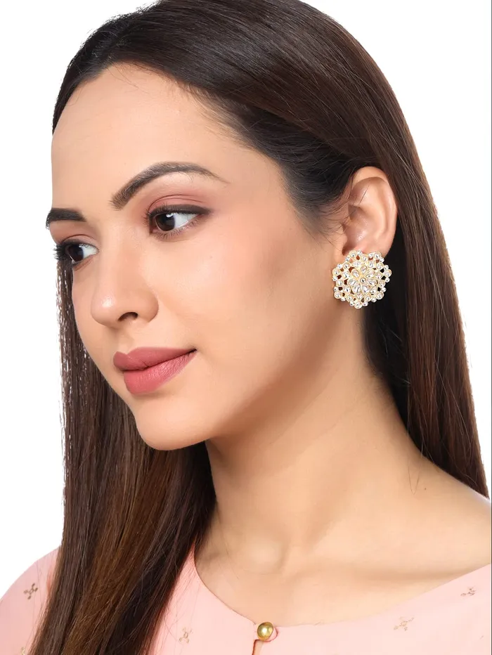 Earrings Yellow Chimes Yellow Chimes Earrings for Women Gold Toned Kundan Studded Set of 2 Pairs Stud Earrings for Women and Girls