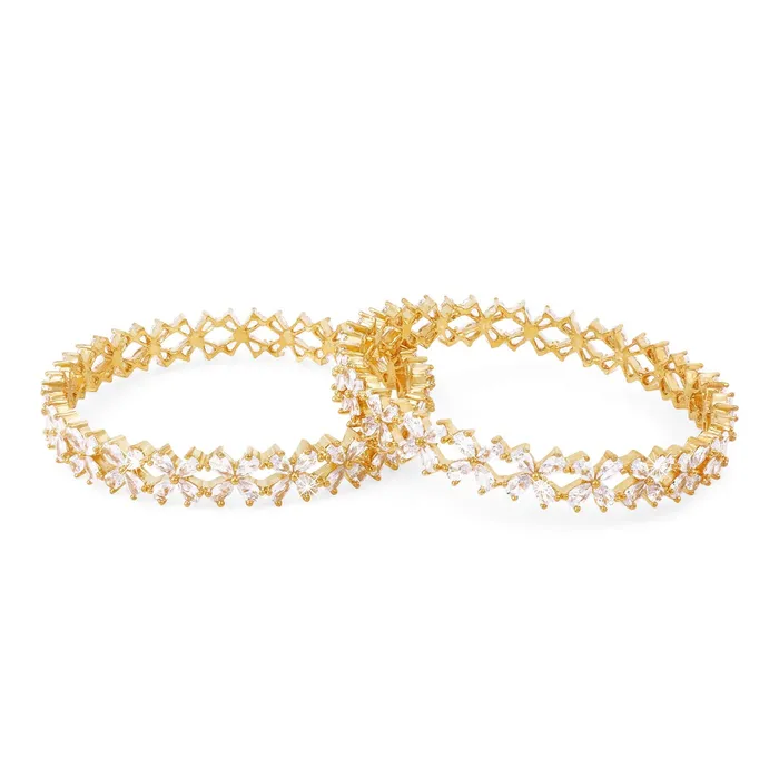 Earrings Yellow Chimes Yellow Chimes Elegant Set of 2 Pcs White ADAmerican Diamond Studded 18k Gold Plated Handcrafted Floral Bangles for Women Girls 28