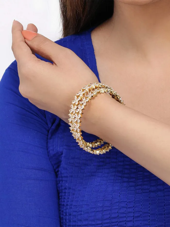 Earrings Yellow Chimes Yellow Chimes Elegant Set of 2 Pcs White ADAmerican Diamond Studded 18k Gold Plated Handcrafted Floral Bangles for Women Girls 28