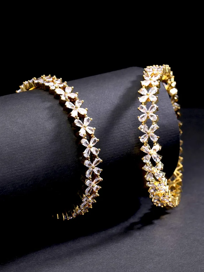 Earrings Yellow Chimes Yellow Chimes Elegant Set of 2 Pcs White ADAmerican Diamond Studded 18k Gold Plated Handcrafted Floral Bangles for Women Girls 28