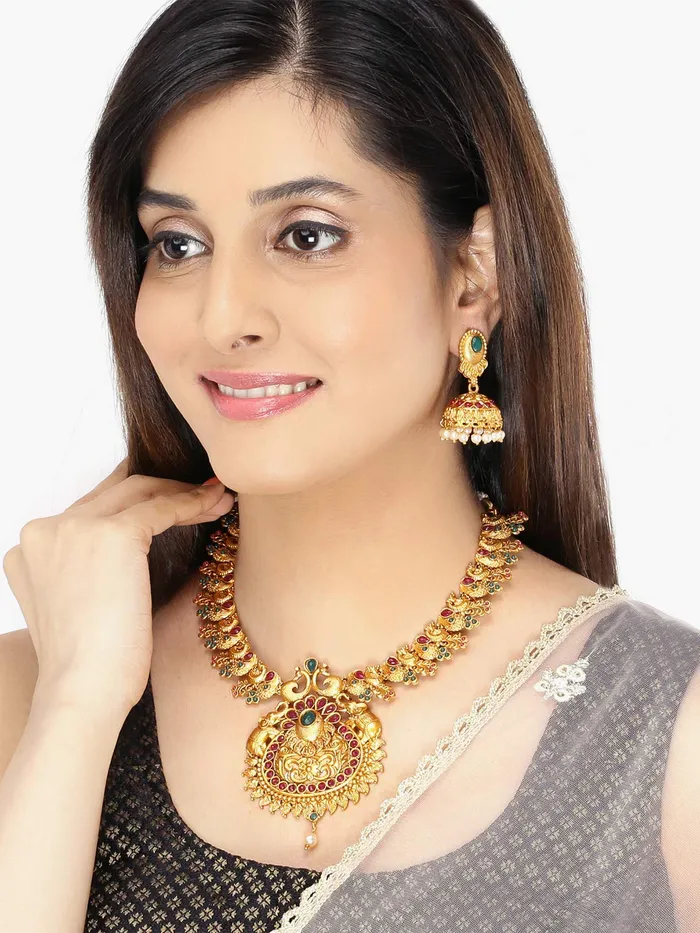 Earrings Yellow Chimes Yellow Chimes Ethnic Jewellery Set Gold Plated Peacock Jewelry Set Traditional Antique Ruby Necklace Set For Women Girls