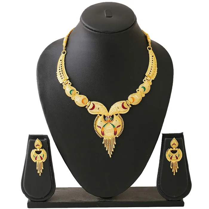 Earrings Yellow Chimes Yellow Chimes Ethnic One Gram Gold Designer Antique Golden Traditional Choker Necklace with Earrings Jewellery Set for Women Girls