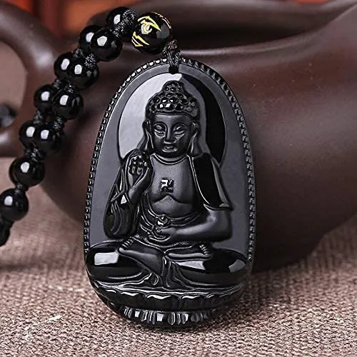 Earrings Yellow Chimes Yellow Chimes Exclusive DVine Collection Natural Black Obsidian HandCarved Healing Beads Natural Stones Reiki Buddha Long Pendant Necklace Men and Women Unisex