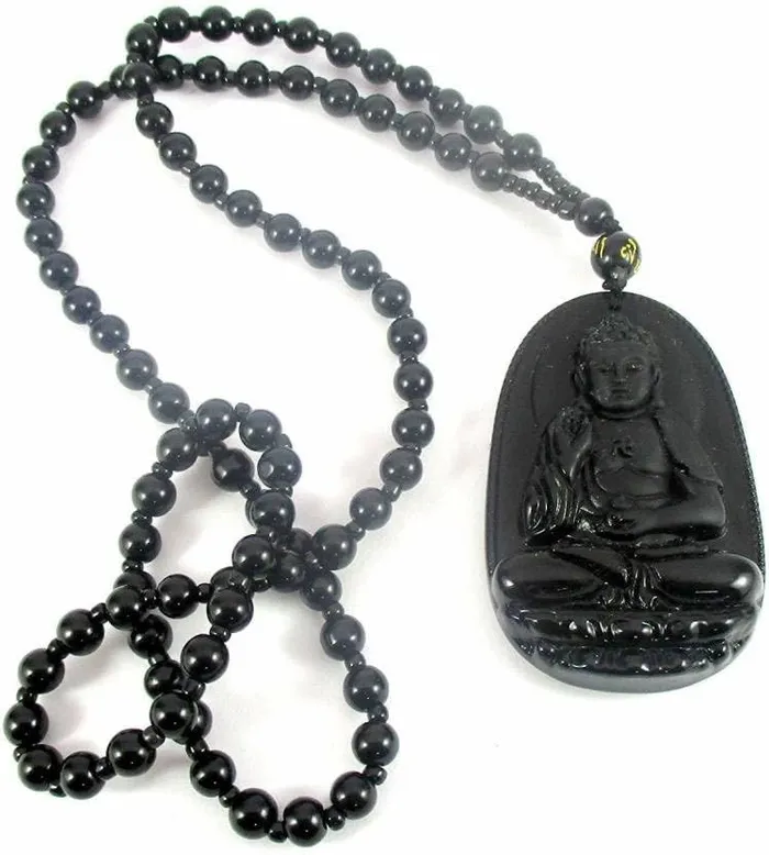 Earrings Yellow Chimes Yellow Chimes Exclusive DVine Collection Natural Black Obsidian HandCarved Healing Beads Natural Stones Reiki Buddha Long Pendant Necklace Men and Women Unisex