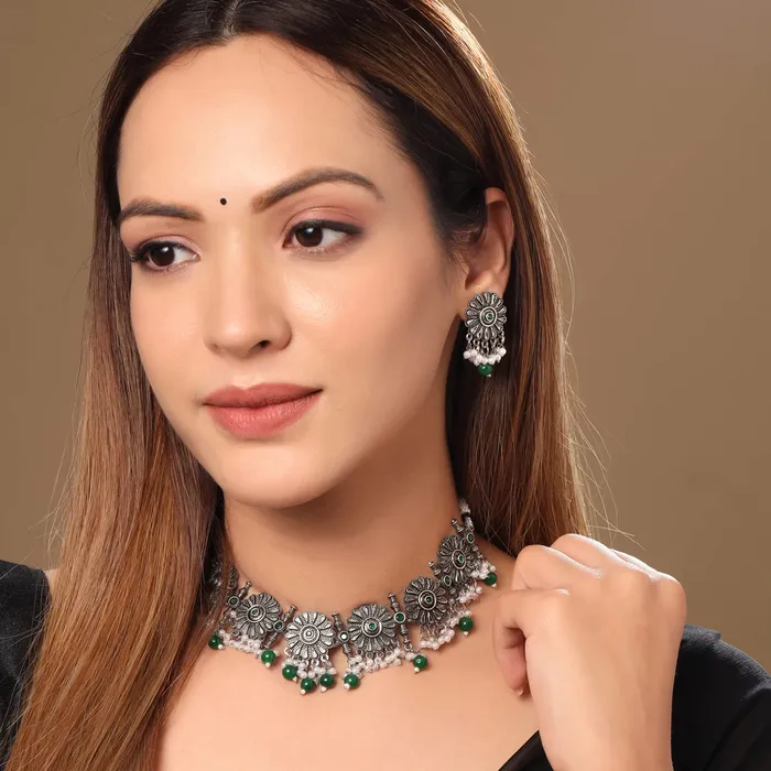 Earrings Yellow Chimes Yellow Chimes Jewellery Set for Women and Girls Choker Set for Women Silver Tone White Beads Drop Choker Necklace Set for Women Birthday Gift For Girls and Women Anniversary Gift for Wife