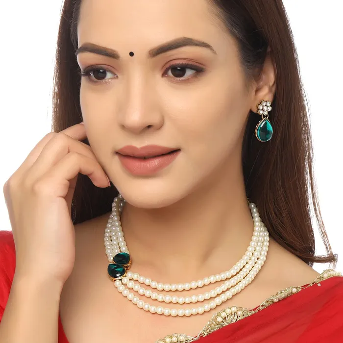 Earrings Yellow Chimes Yellow Chimes Jewellery Set for Women Multilayer Beads with Green Studded Neckalce Set with Earrings for Women and Girls
