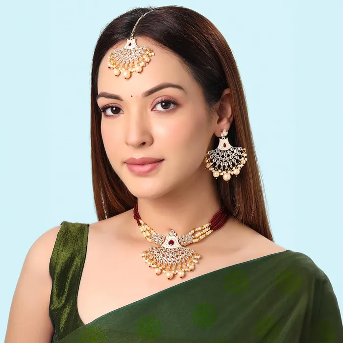 Earrings Yellow Chimes Yellow Chimes Jewellery Set for Women Traditional Red Kundan Beads Choker Necklace Set Ethnic Gold Plated Choker Set for Girls Birthday Gift for Girls Women Anniversary Gift for Wife