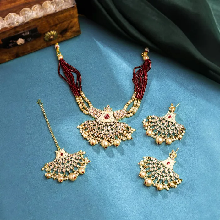 Earrings Yellow Chimes Yellow Chimes Jewellery Set for Women Traditional Red Kundan Beads Choker Necklace Set Ethnic Gold Plated Choker Set for Girls Birthday Gift for Girls Women Anniversary Gift for Wife