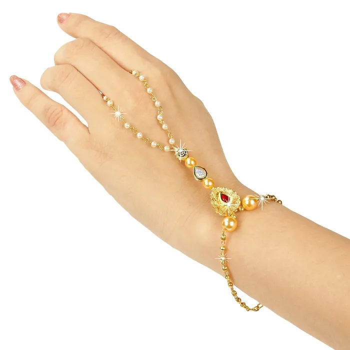 Earrings Yellow Chimes Yellow Chimes Kundan Studded Pearl Gold Plated Hathphool Ring Bracelet for Women and Girls