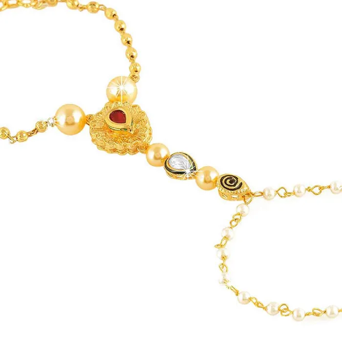 Earrings Yellow Chimes Yellow Chimes Kundan Studded Pearl Gold Plated Hathphool Ring Bracelet for Women and Girls