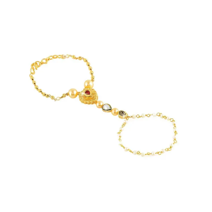 Earrings Yellow Chimes Yellow Chimes Kundan Studded Pearl Gold Plated Hathphool Ring Bracelet for Women and Girls