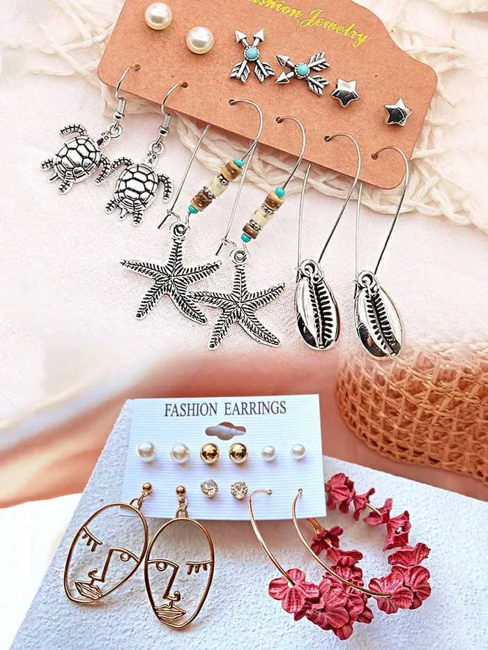 Earrings Yellow Chimes Yellow Chimes Latest Fashion Designs Combo of 12 Pairs Gold Plated Pearl Thread Dangle Stud Hoop Earrings Set for Women and Girls Medium