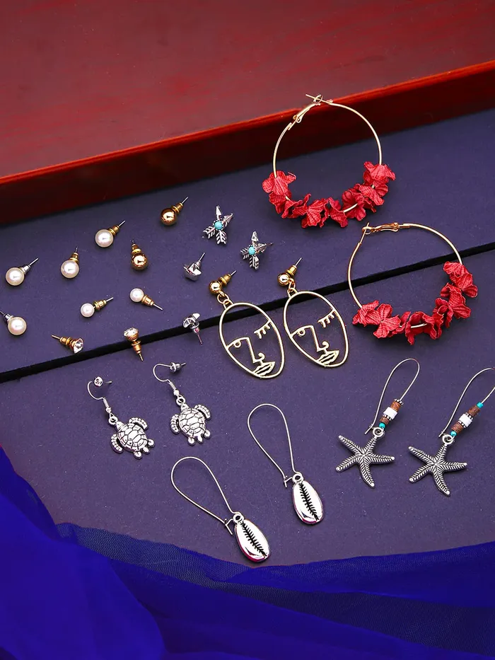 Earrings Yellow Chimes Yellow Chimes Latest Fashion Designs Combo of 12 Pairs Gold Plated Pearl Thread Dangle Stud Hoop Earrings Set for Women and Girls Medium