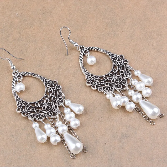 Earrings Yellow Chimes Yellow Chimes Latest Fusion Vintage Turkish Design Pearls Oxidized Silver Bohemian Long Tassel Dangle Earrings For Women And Girls