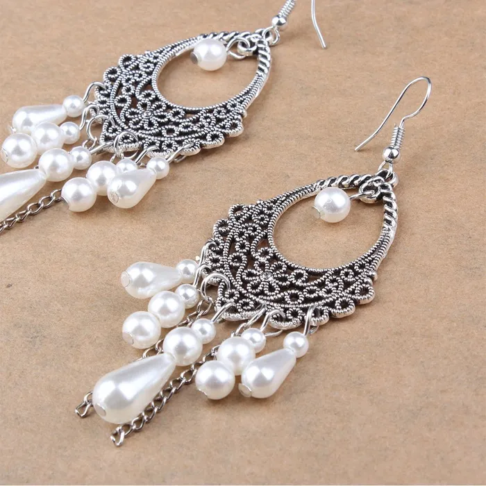 Earrings Yellow Chimes Yellow Chimes Latest Fusion Vintage Turkish Design Pearls Oxidized Silver Bohemian Long Tassel Dangle Earrings For Women And Girls
