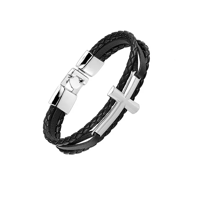Earrings Yellow Chimes Yellow Chimes Leather Bracelet for Men Handmade Genuiner Black Leather Stainless Steel Cross Wrist Band Bracelet for Men and Boys