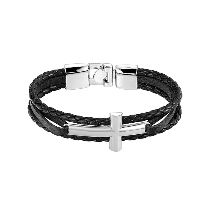 Earrings Yellow Chimes Yellow Chimes Leather Bracelet for Men Handmade Genuiner Black Leather Stainless Steel Cross Wrist Band Bracelet for Men and Boys