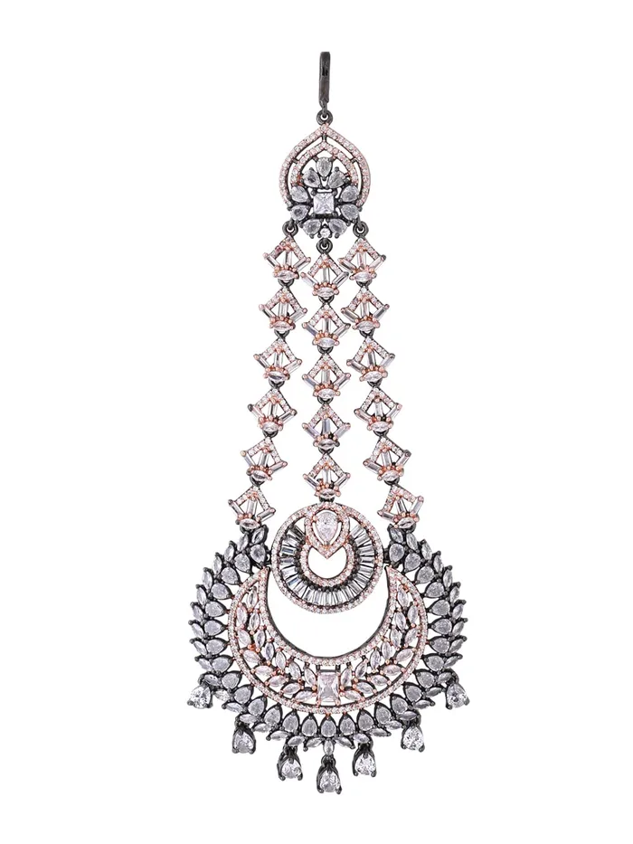 Earrings Yellow Chimes Yellow Chimes Maang Tikka for Women Beautiful ADAmerican Diamond Studded Rhodium Plated Crystal Maang Tikka for Women and Girls Design 16