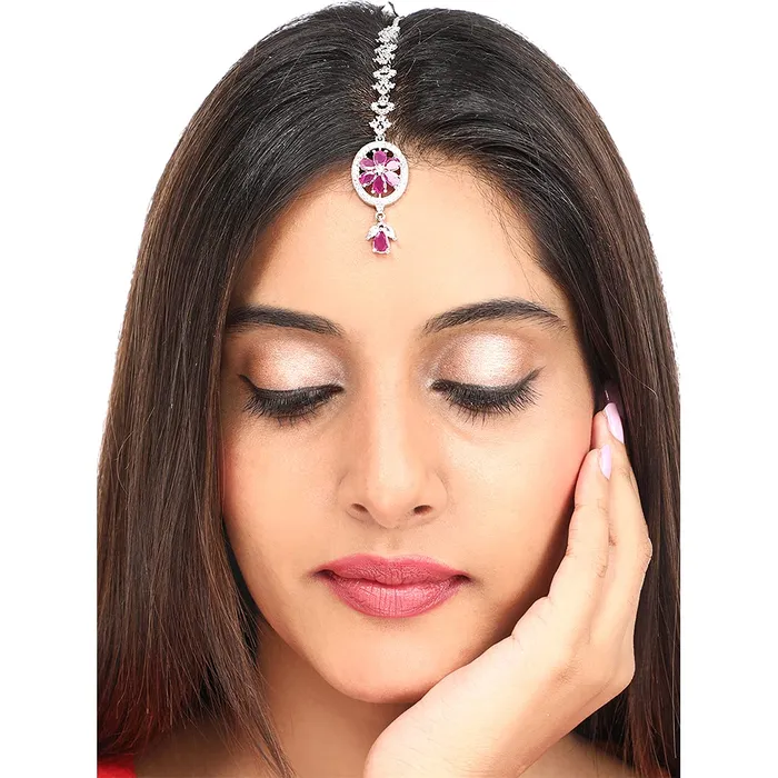 Earrings Yellow Chimes Yellow Chimes Maang Tikka for Women Beautiful ADAmerican Diamond Studded Rhodium Plated Crystal Maang Tikka for Women and Girls Design 16