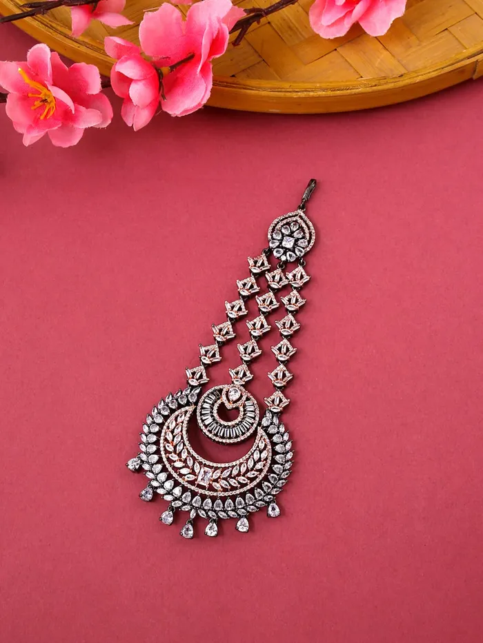 Earrings Yellow Chimes Yellow Chimes Maang Tikka for Women Beautiful ADAmerican Diamond Studded Rhodium Plated Crystal Maang Tikka for Women and Girls Design 16