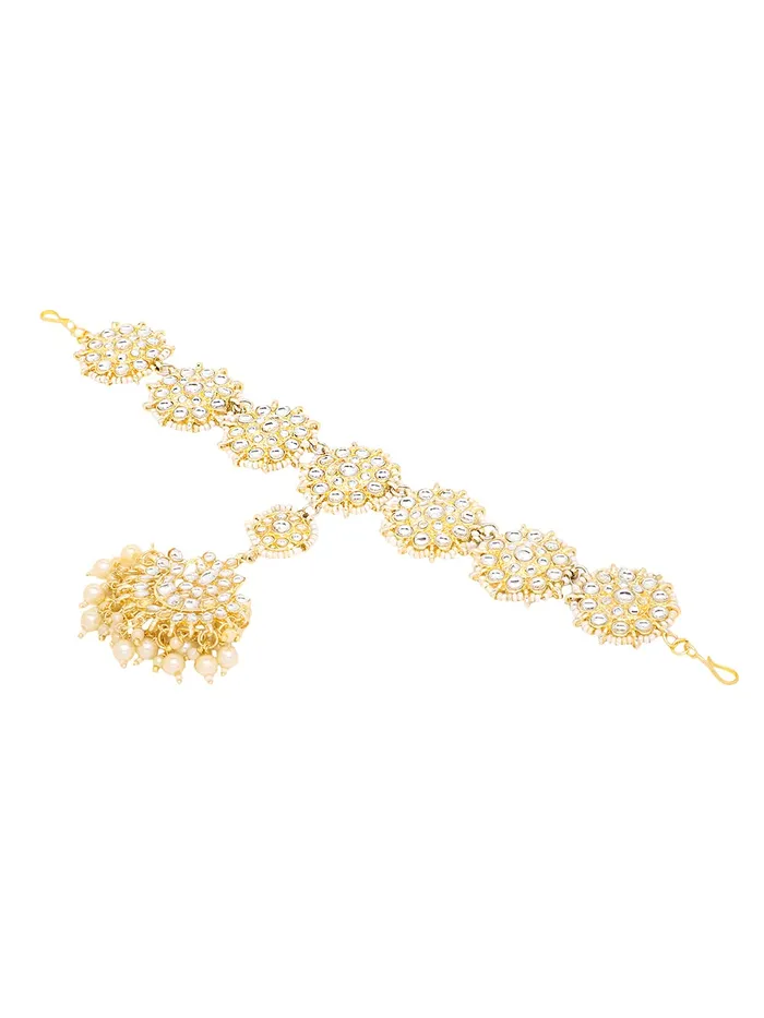 Earrings Yellow Chimes Yellow Chimes Mathapati for Women Gold Toned Kundan Studded Pearl Drop Chandbali Designed Head ChainMathapati for Women and Girls