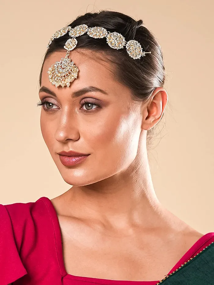 Earrings Yellow Chimes Yellow Chimes Mathapati for Women Gold Toned Kundan Studded Pearl Drop Chandbali Designed Head ChainMathapati for Women and Girls