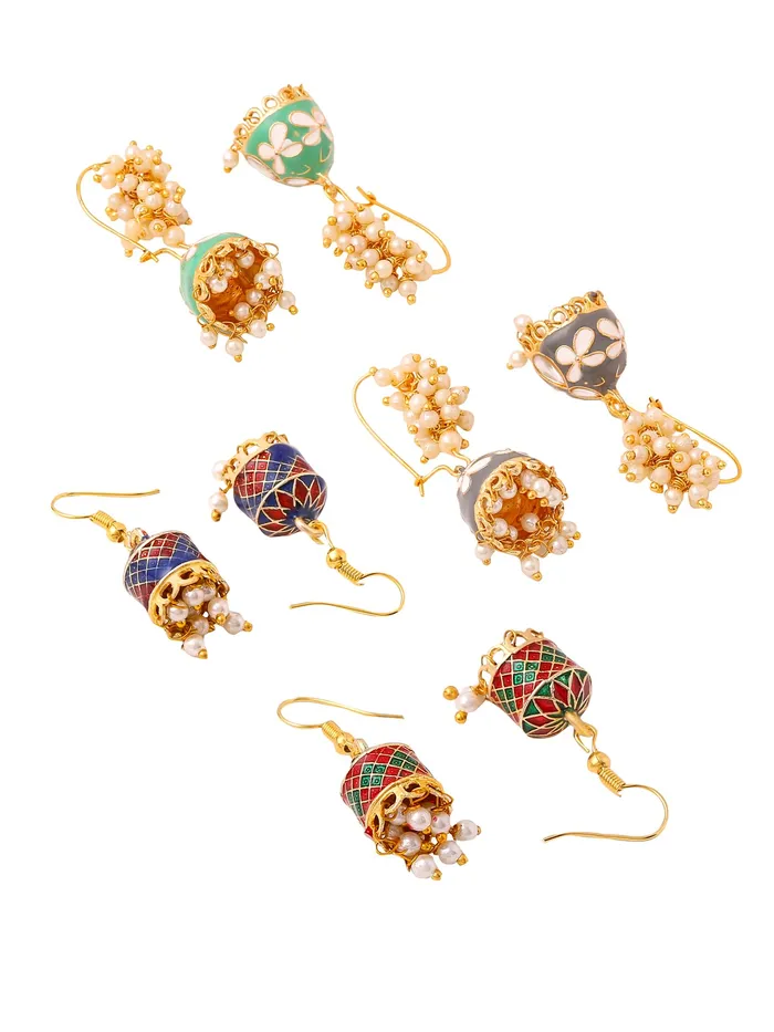 Earrings Yellow Chimes Yellow Chimes Meenakari Jhumka Earrings for Women Traditional Jhumki Earrings Set for Girls Combo of 4 Pairs Jhumkas Ethnic Gold Plated Women Earrings Birthday Gift For Girls