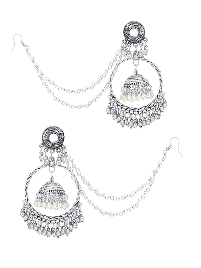 Earrings Yellow Chimes Yellow Chimes Oxidised Earrings for Women Ethnic Silver Oxidised Pearl Traditional Jhumka Earrings with Ear Chain for Women and Girls Earrings Yellow Chimes Yellow Chimes Oxidised Earrings for Women Ethnic Silver Oxidised Pearl Traditional Jhumka Earrings with Ear Chain for Women and Girls