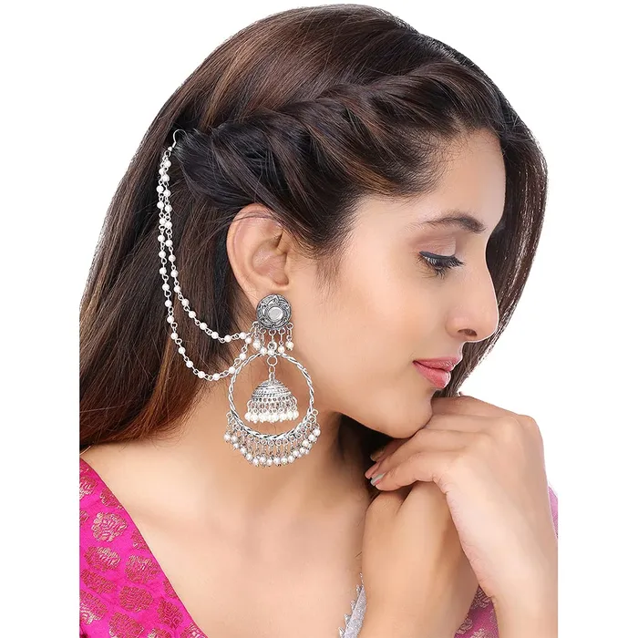 Earrings Yellow Chimes Yellow Chimes Oxidised Earrings for Women Ethnic Silver Oxidised Pearl Traditional Jhumka Earrings with Ear Chain for Women and Girls