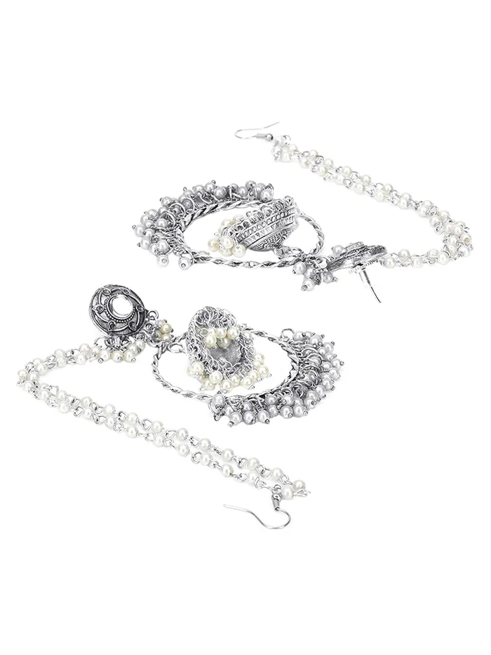 Earrings Yellow Chimes Yellow Chimes Oxidised Earrings for Women Ethnic Silver Oxidised Pearl Traditional Jhumka Earrings with Ear Chain for Women and Girls