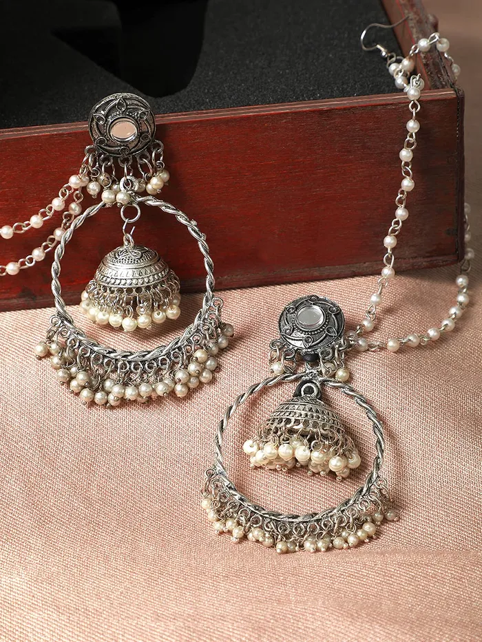 Earrings Yellow Chimes Yellow Chimes Oxidised Earrings for Women Ethnic Silver Oxidised Pearl Traditional Jhumka Earrings with Ear Chain for Women and Girls