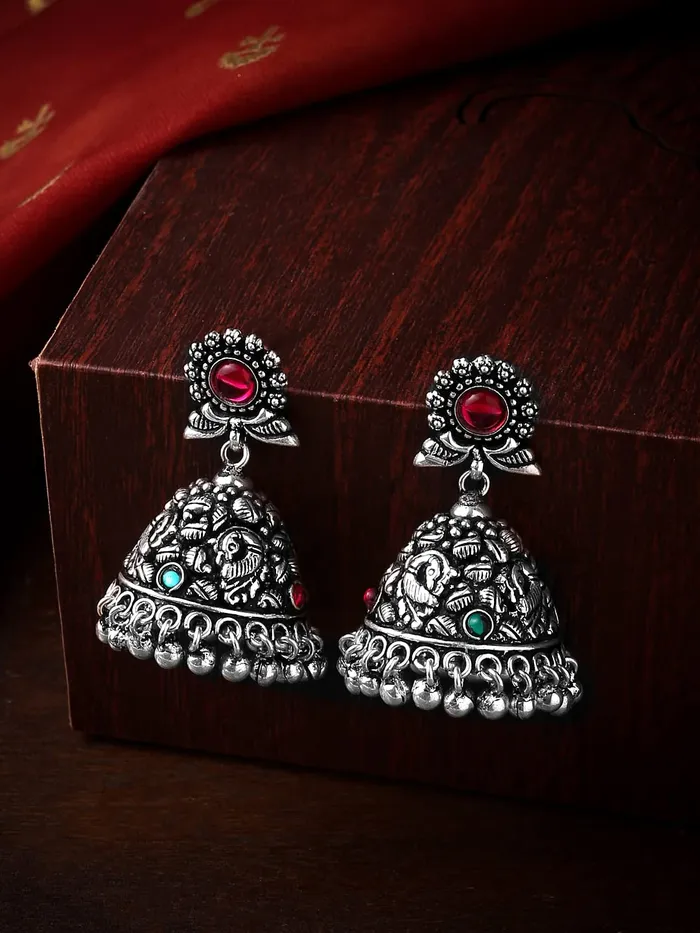 Earrings Yellow Chimes Yellow Chimes Oxidised Silver Jhumki Earrings For Women Silver Oxidised Jhumka Traditional Kolhapuri Jhumka Earrings For Women and Girls