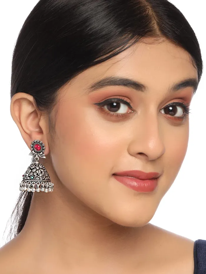 Earrings Yellow Chimes Yellow Chimes Oxidised Silver Jhumki Earrings For Women Silver Oxidised Jhumka Traditional Kolhapuri Jhumka Earrings For Women and Girls