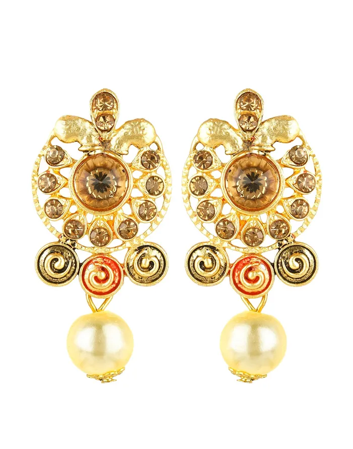 Earrings Yellow Chimes Yellow Chimes Peacock Design Kundan Studded Meenakari Work Gold Plated Jewellery Pendant Set for Women and Girls