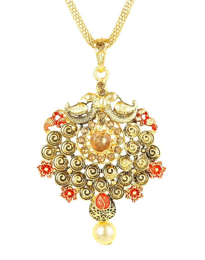 Earrings Yellow Chimes Yellow Chimes Peacock Design Kundan Studded Meenakari Work Gold Plated Jewellery Pendant Set for Women and Girls
