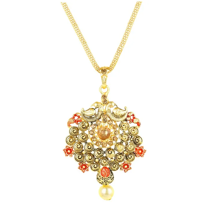 Earrings Yellow Chimes Yellow Chimes Peacock Design Kundan Studded Meenakari Work Gold Plated Jewellery Pendant Set for Women and Girls