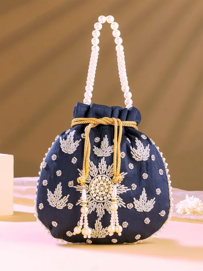 Earrings Yellow Chimes Yellow Chimes Potli Bags Pearl Beaded Wristlet Handmade Embroidery 21x22 cm Multicolour