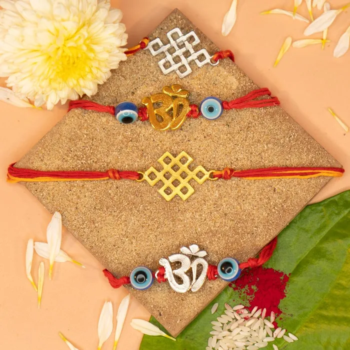 Earrings Yellow Chimes Yellow Chimes Rakhi for Brother Combo of 4 Rakhi Set for Brother Traditional Gold and Silver Plated Rakhi Set for Brother and Sister Rakhi with Roli Chawal and Greeting Card
