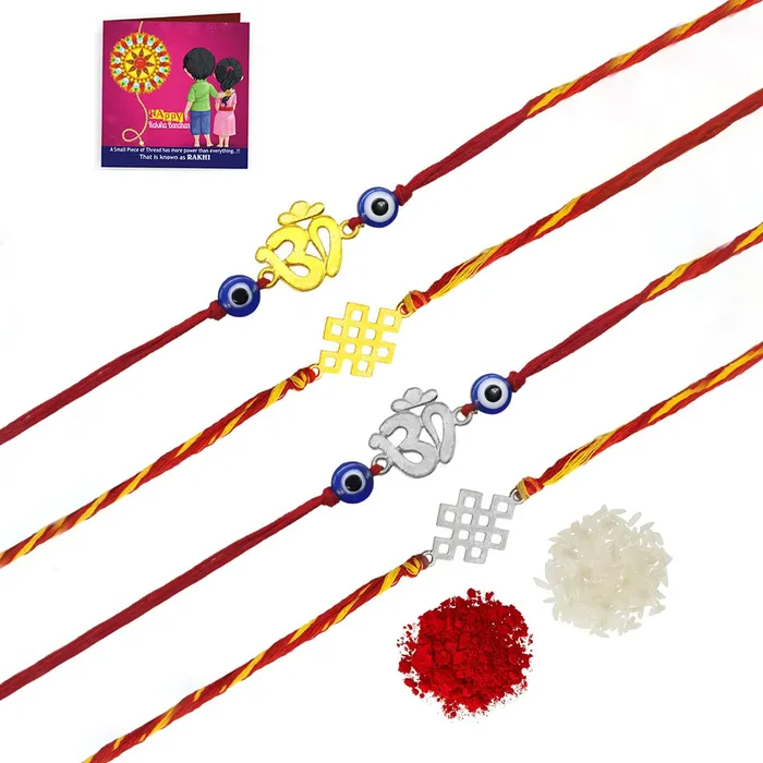 Earrings Yellow Chimes Yellow Chimes Rakhi for Brother Combo of 4 Rakhi Set for Brother Traditional Gold and Silver Plated Rakhi Set for Brother and Sister Rakhi with Roli Chawal and Greeting Card