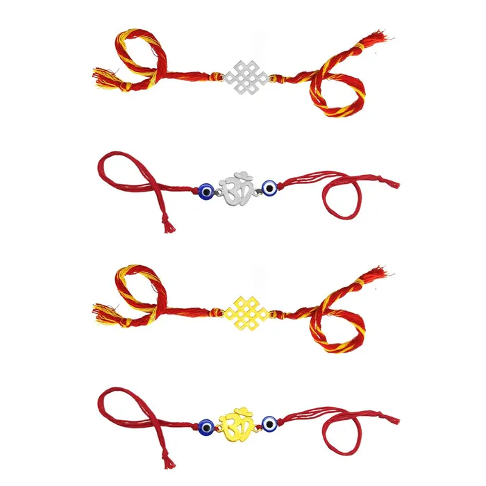 Earrings Yellow Chimes Yellow Chimes Rakhi for Brother Combo of 4 Rakhi Set for Brother Traditional Gold and Silver Plated Rakhi Set for Brother and Sister Rakhi with Roli Chawal and Greeting Card