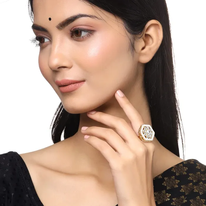 Earrings Yellow Chimes Yellow Chimes Rings for Women 2 Pcs Set of Adjustable Kundan Studded Rings for Women and Girls