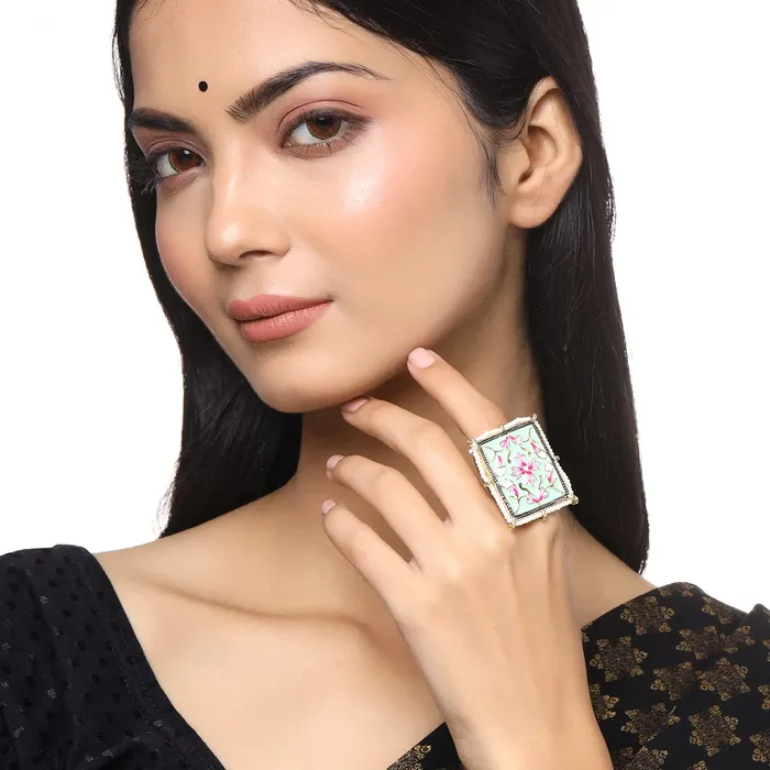 Earrings Yellow Chimes Yellow Chimes Rings for Women 2 Pcs Set of Adjustable Kundan Studded Rings for Women and Girls
