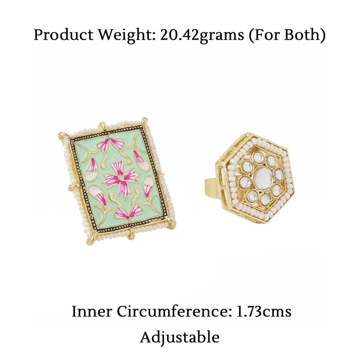 Earrings Yellow Chimes Yellow Chimes Rings for Women 2 Pcs Set of Adjustable Kundan Studded Rings for Women and Girls
