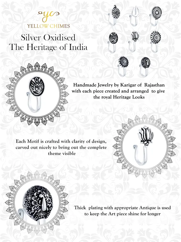 Earrings Yellow Chimes Yellow Chimes Traditional Silver Oxidised Nose Pin Without Piercing Floral Shaped