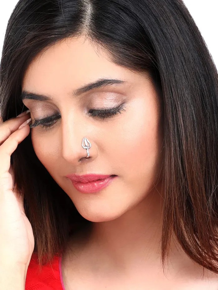 Earrings Yellow Chimes Yellow Chimes Traditional Silver Oxidised Nose Pin Without Piercing Floral Shaped